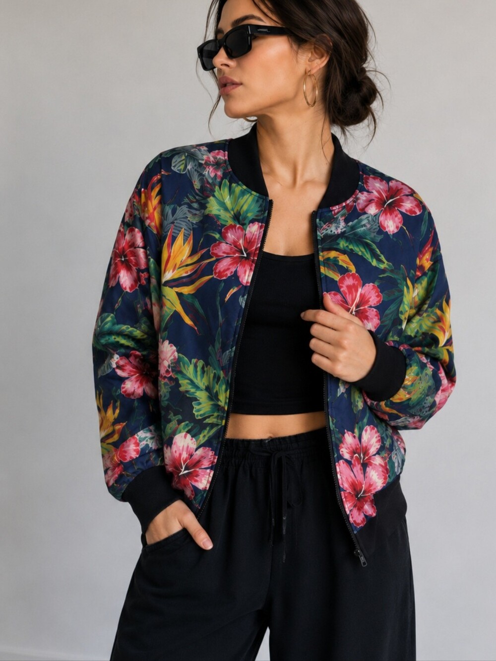 Y-3 Navy Floral Bomber Jacket with Pink & Green Accents